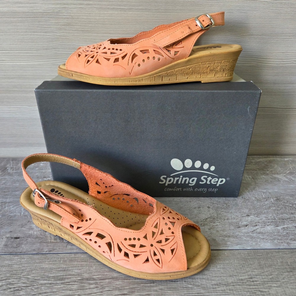 Spring Step Orella Wedge Sandals Womens 8.5 Peach Leather Laser Cut Italy